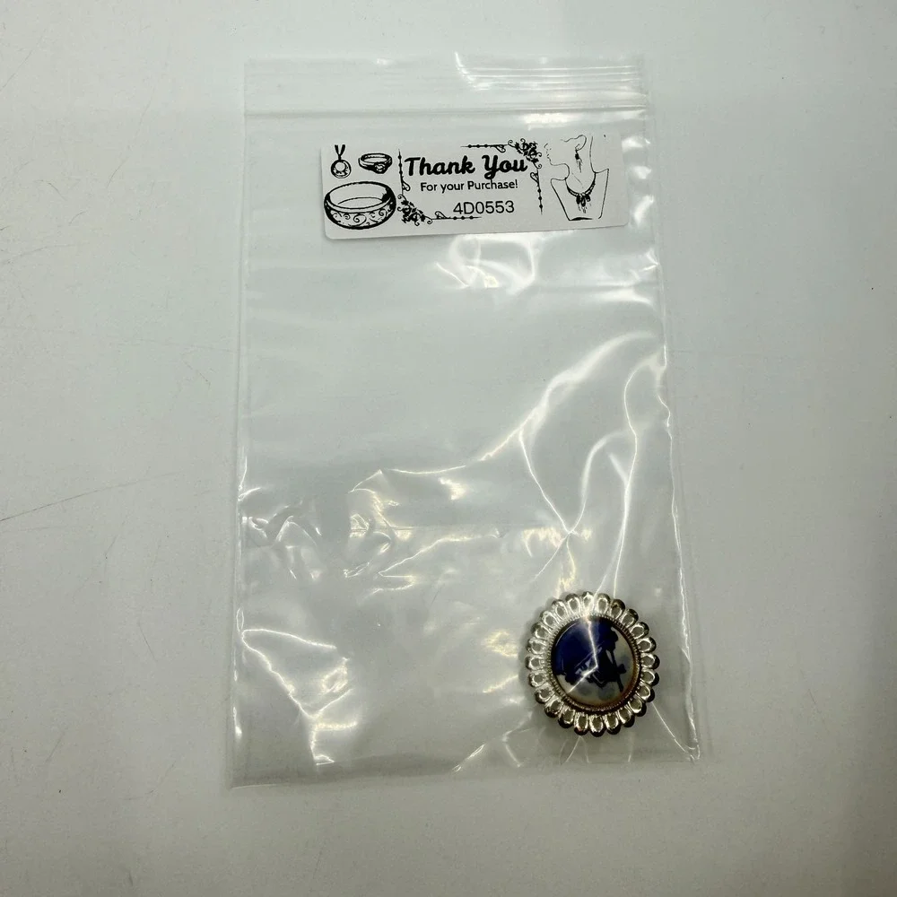 Blue White Delft Style Windmill Cabochon Silver Tone Brooch Pin Dutch Art Gift